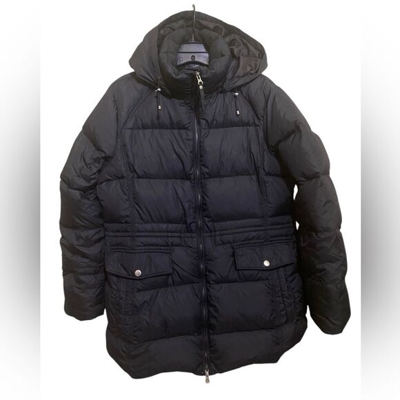 Lands’ End Goose Down Black Puffer Longer Mid Coat Funnel Neck Removable Hood - Picture 1 of 10